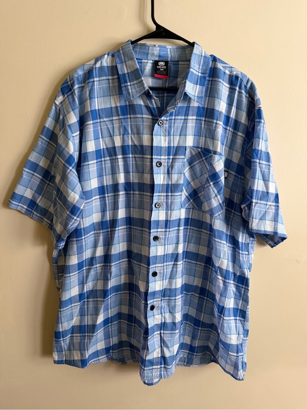 Ecko Unlimited Blue and White Plaid Short-Sleeve Button-Up Shirt